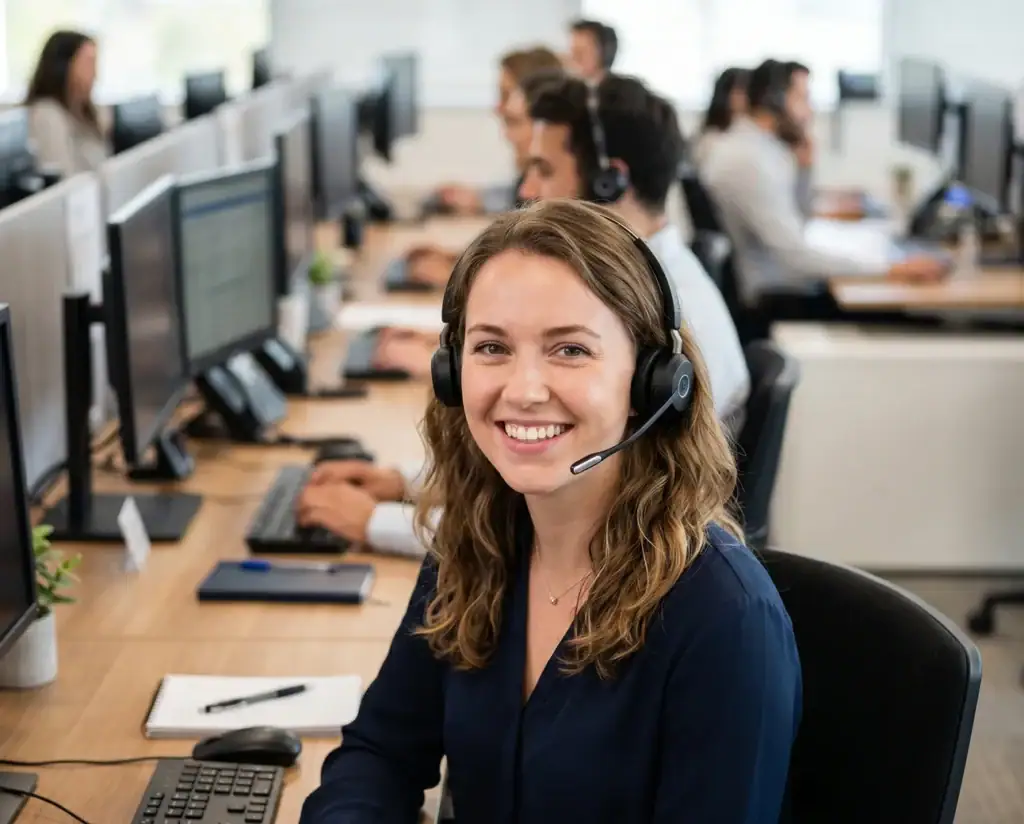 Smiling woman with a headset sits at a desk with a computer in a busy office, surrounded by coworkers also working at computers.