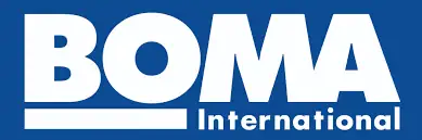 BOMA International logo with "BOMA" in large white letters and "International" in smaller white text below, set against a blue background.