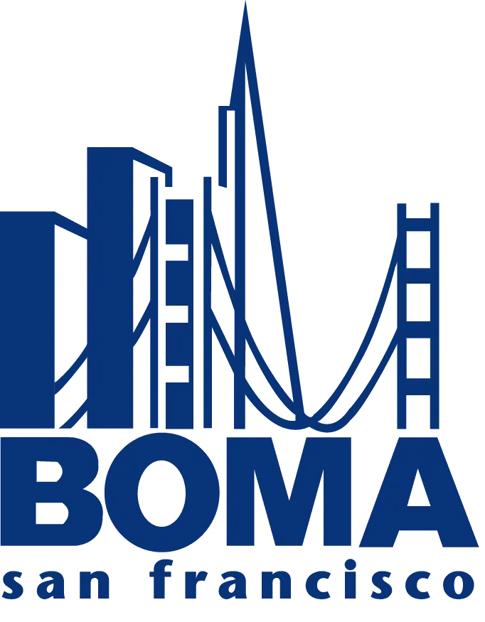 Blue line art logo showing San Francisco skyscrapers and a stylized Golden Gate Bridge above the words "BOMA san francisco.