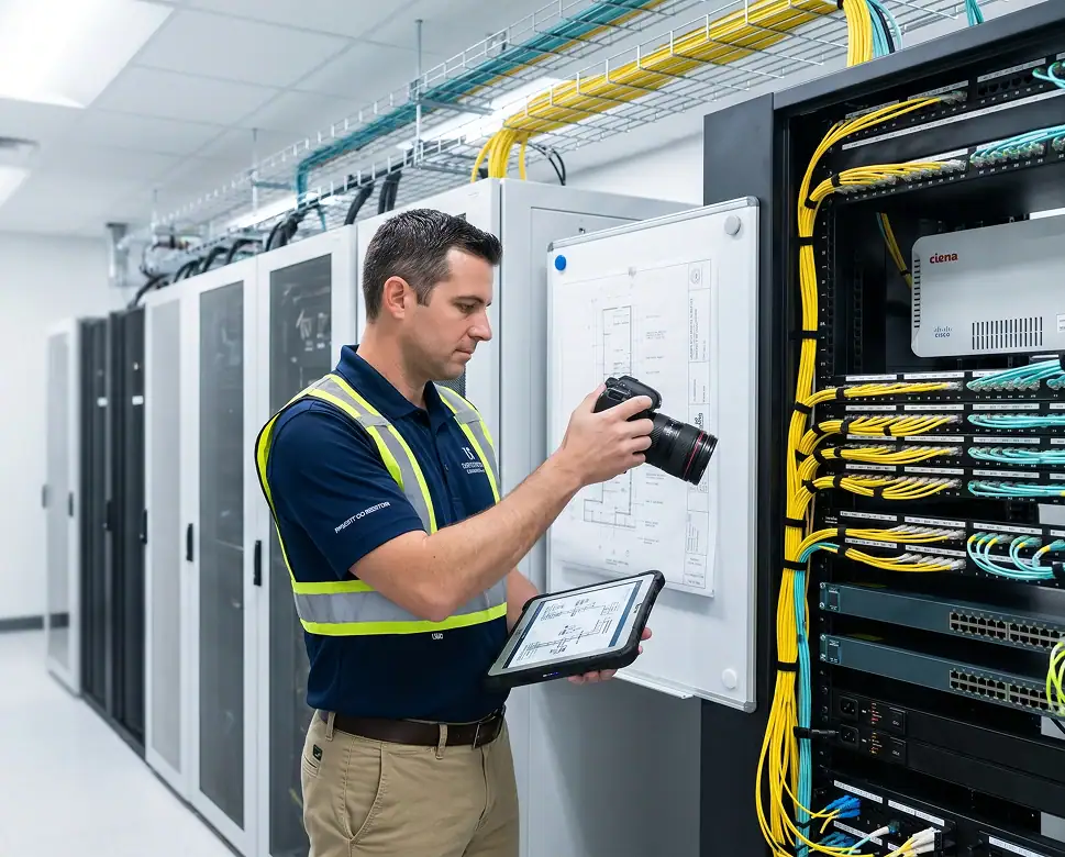 A man in a safety vest photographs a wiring diagram in a server room while holding a tablet, surrounded by server racks and organized cables.