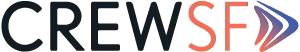 CREWSF logo with “CREW” in black, “SF” in orange, and three arrow-like shapes in blue and purple pointing right.