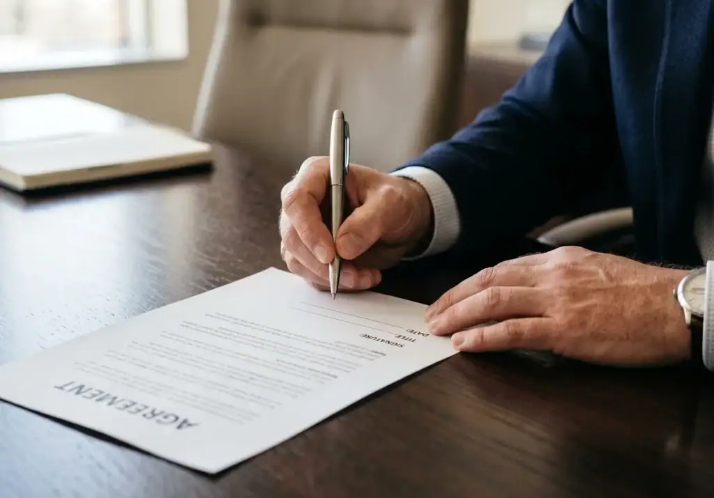A person in a suit signs a printed agreement document with a pen at a wooden desk. A closed laptop and papers are in the background.