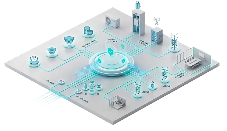 Diagram showing a secure data core connected to IoT, network devices, LTE/5G towers, servers, CCTV, and smart appliances, illustrating a digital security and connectivity system.