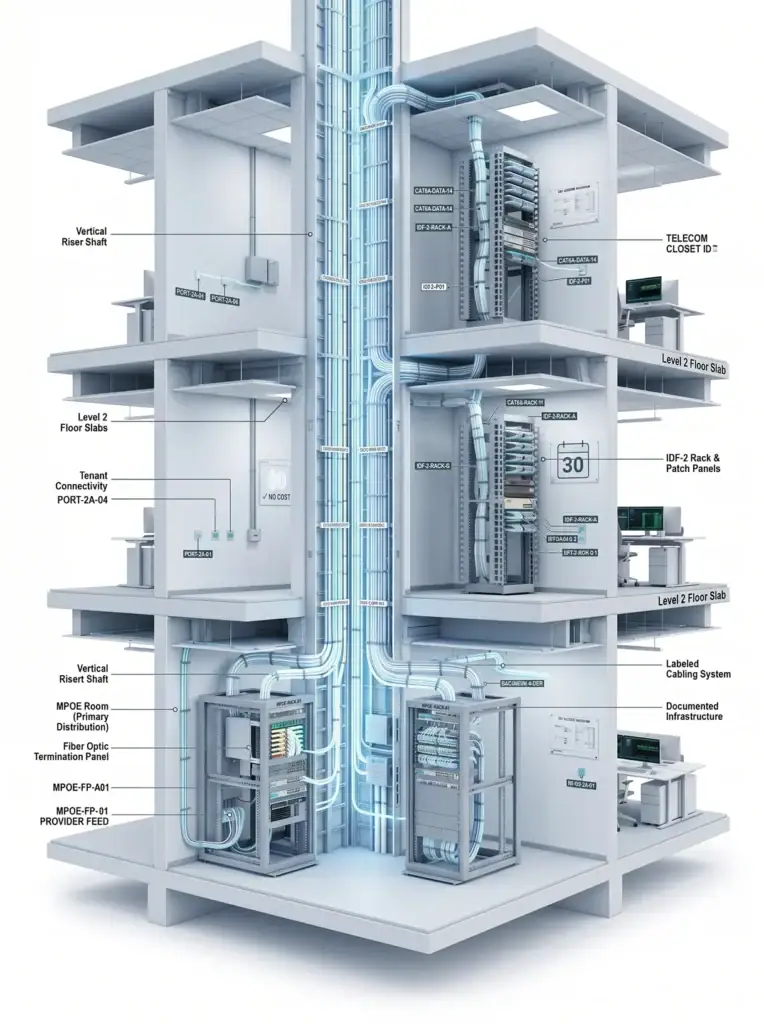 Cutaway view of a multi-story building showing network cables, server racks, telecom closets, and labeled IT infrastructure components on each floor, with blue cables running through vertical shafts.