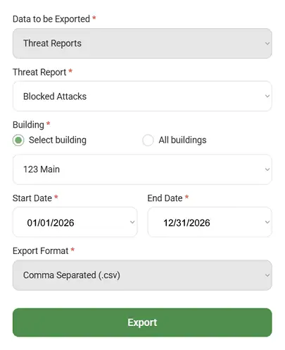 Export form for threat reports showing options for report type, building selection, date range (01/01/2026–12/31/2026), and export format (.csv), with a green “Export” button at the bottom.