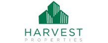 Green geometric buildings icon above the text "HARVEST PROPERTIES" in green capital letters, on a light gray background.