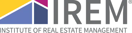IREM logo with a geometric house graphic in blue, yellow, and purple on the left, and the text "IREM Institute of Real Estate Management" in gray and white on the right.