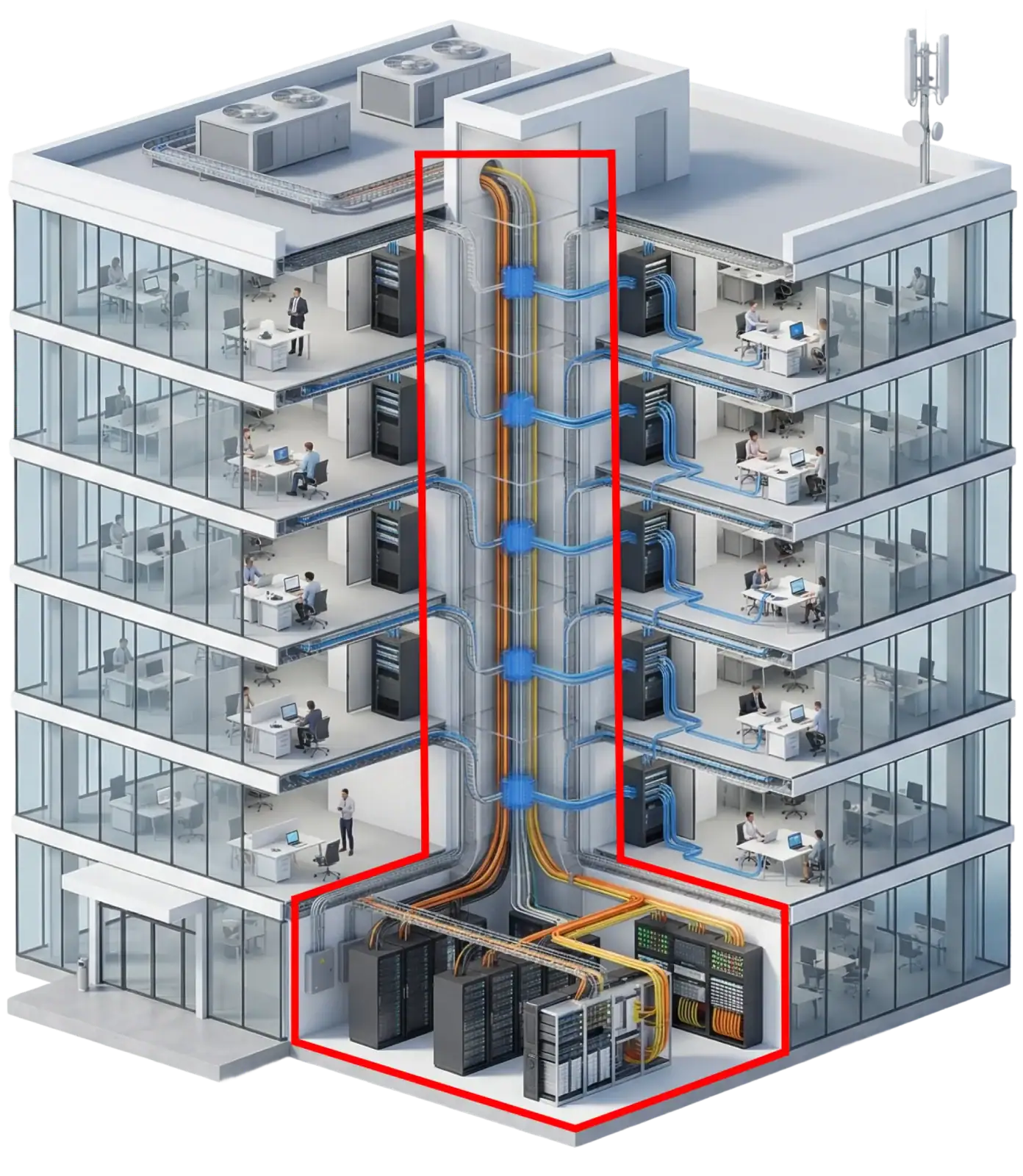 Cutaway view of a modern office building showing network cables running vertically through each floor, connecting offices to a server room in the basement.
