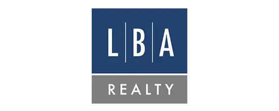 LBA Realty logo with "LBA" in white letters on a blue square above "REALTY" in white letters on a gray rectangle.