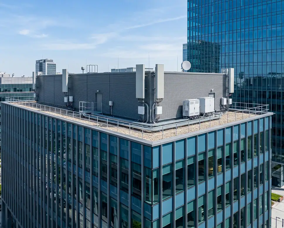 A rooftop of a modern glass office building with multiple antennas, satellite dishes, and communication equipment under a clear blue sky.