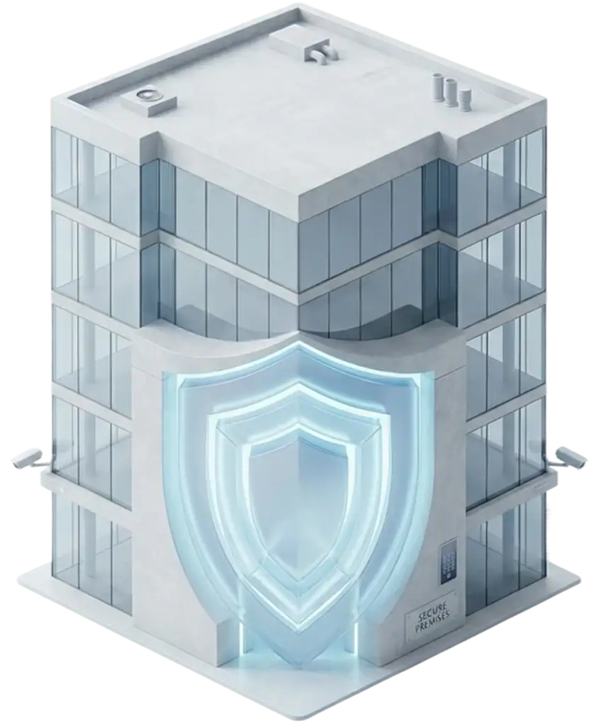 A modern glass office building with a large glowing shield at the entrance, symbolizing security. Surveillance cameras are mounted on the exterior walls.