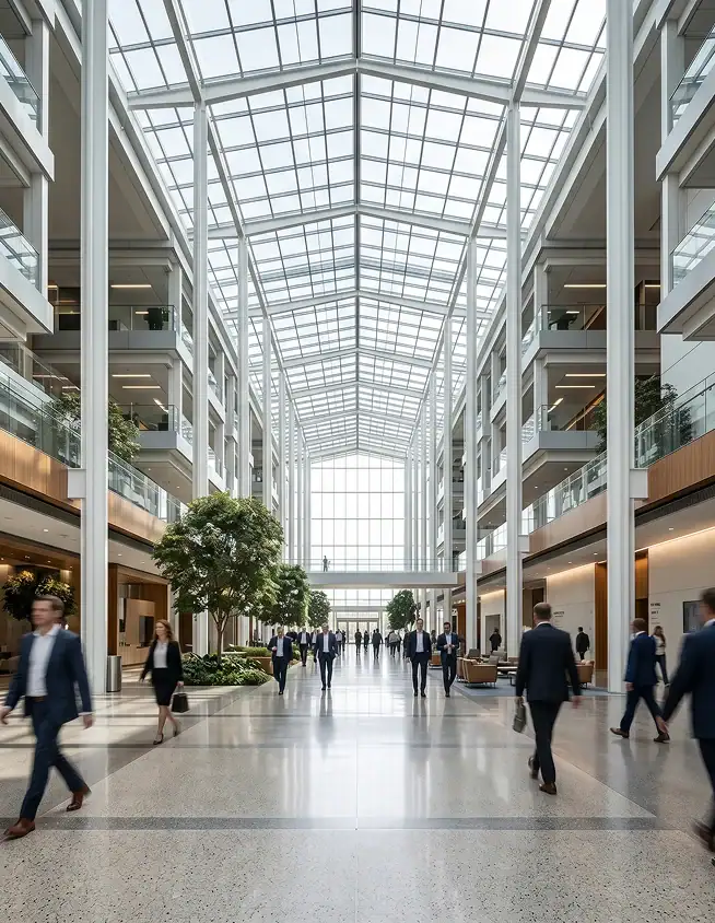 A spacious, modern atrium with a glass ceiling, indoor trees, and people in business attire walking or conversing in the bright, open area.