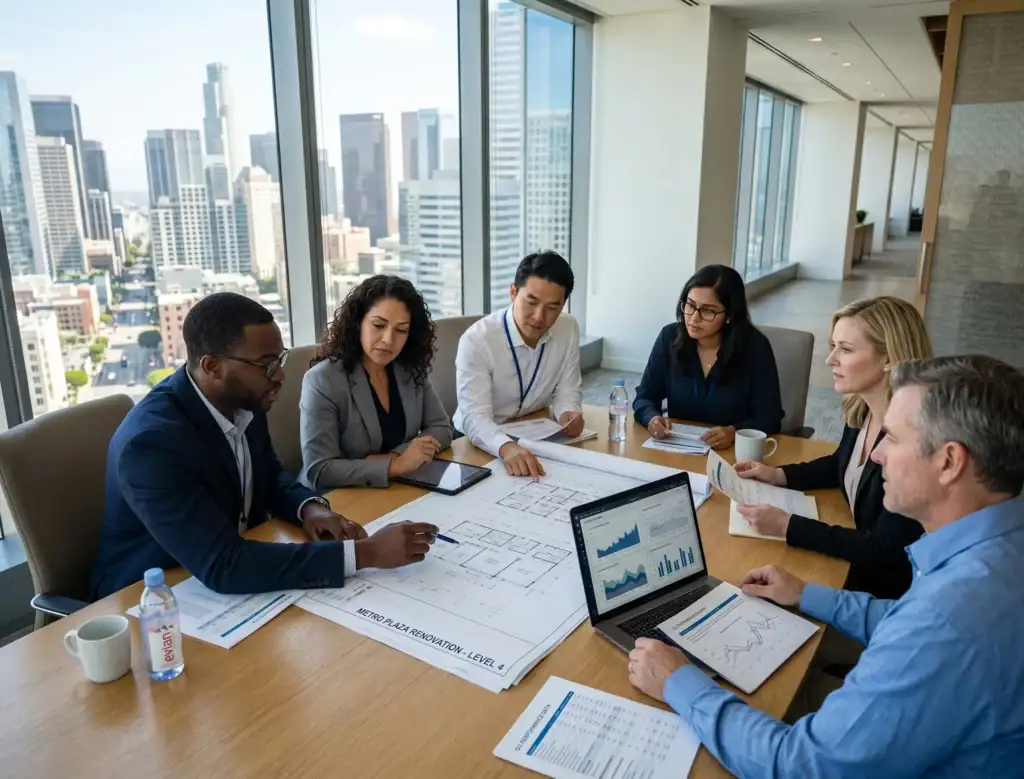 Six professionals sit around a conference table, discussing blueprints and data charts, with city buildings visible through large windows in the background. Laptops, papers, and water bottles are on the table.