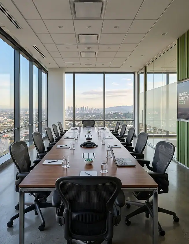 Modern conference room with a long wooden table, black chairs, water glasses, and city skyline visible through large floor-to-ceiling windows. A glass wall displays "GLOBAL STRATEGY 2024.