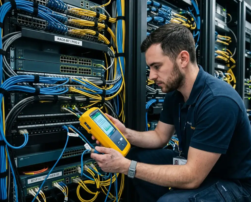 A technician in a server room uses a handheld network tester to check connections on a rack of servers with neatly organized blue and yellow cables.