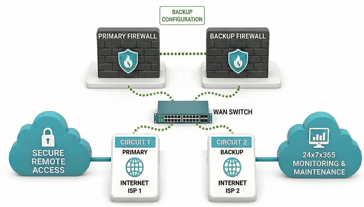 Diagram of a network with primary and backup firewalls, secure remote access, dual internet circuits, a WAN switch, and 24/7 monitoring and maintenance. Dotted lines connect and illustrate the network flow.