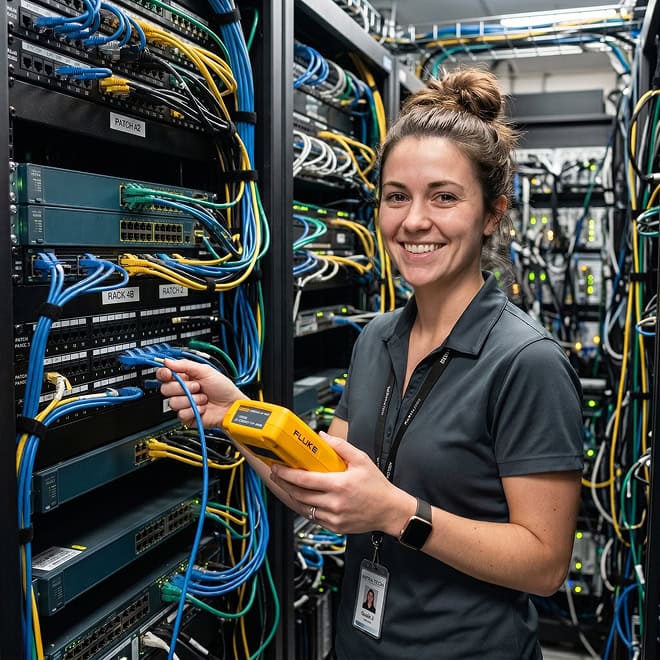 A woman smiles while holding a network cable tester in a server room filled with cables and network equipment, wearing a gray polo shirt and ID badge.