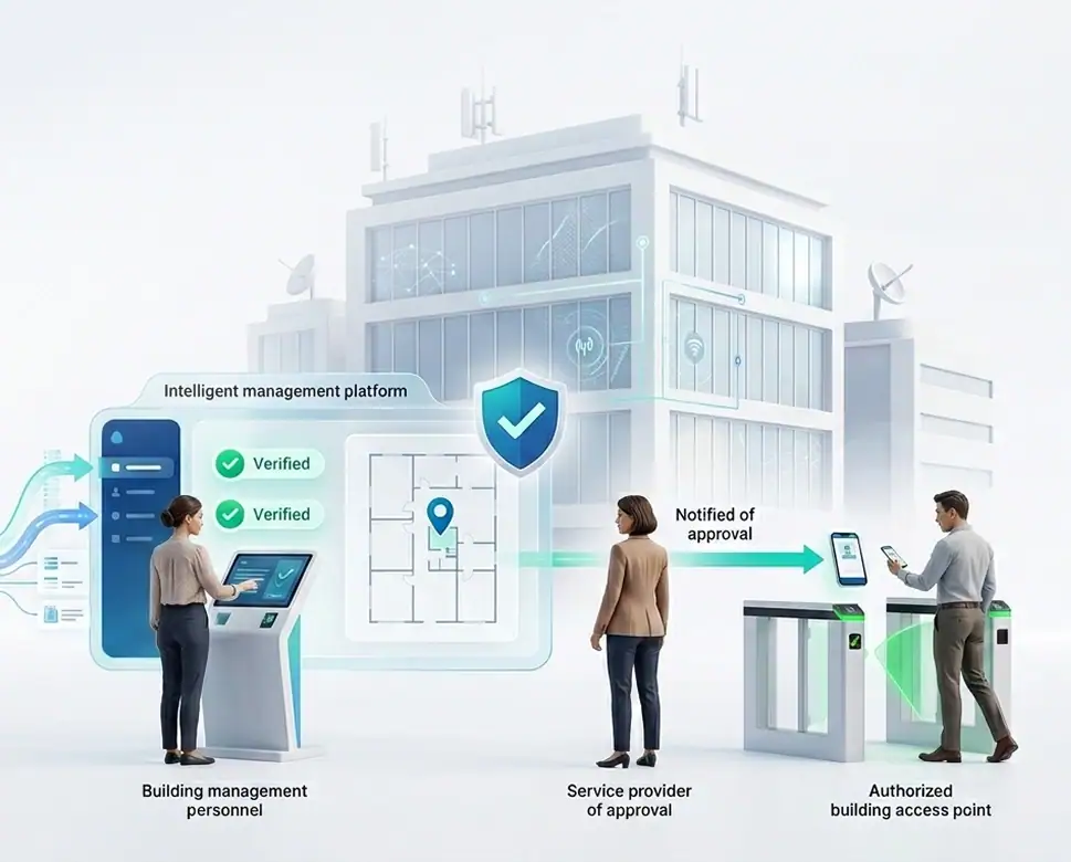 Illustration of a smart building access system: personnel manage access on a screen, a provider receives approval on a device, and authorized entry is granted at an access point. A modern building is shown in the background.