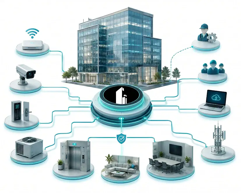 Diagram of a smart building connected to security cameras, HVAC, elevators, access controls, meeting rooms, Wi-Fi, and technician, illustrating integrated facility management systems.