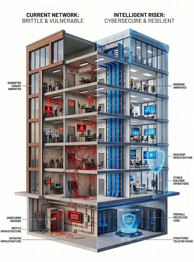 A split-building shows a fragile, red-lit network on the left, with outages and hazards, and a secure, blue-lit intelligent riser on the right, with smooth operations and robust digital infrastructure.