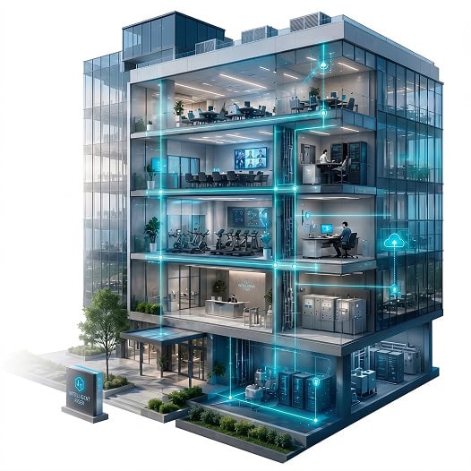 Modern office building with transparent walls, showing various floors with offices, gym, server room, and meeting areas. Blue digital lines connect rooms, representing smart technology and cloud integration throughout the building.