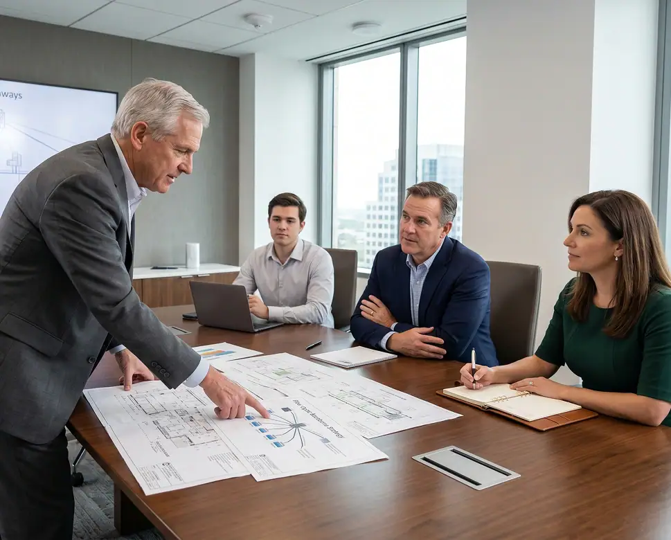 Four people in a modern conference room discuss building plans spread on a table. One man stands pointing at the plans while the others, seated, listen attentively and take notes. Large windows show a city view.