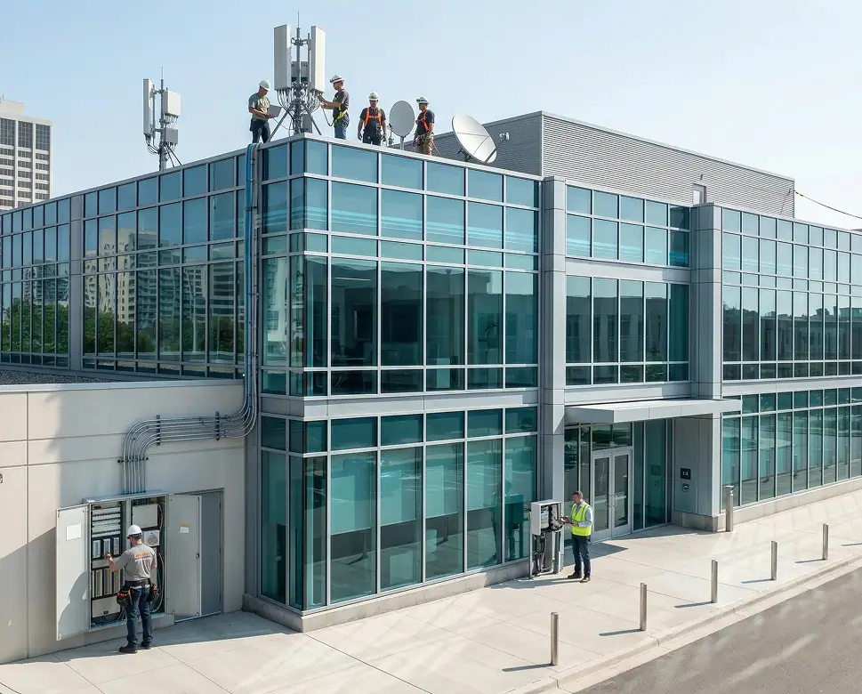 Workers install and inspect telecom equipment on the roof of a modern glass office building, while two people work near electrical panels at ground level.