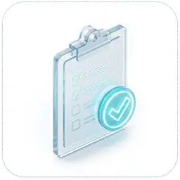 A translucent clipboard with a checklist and a large blue checkmark symbol in front, representing completed tasks or approval.