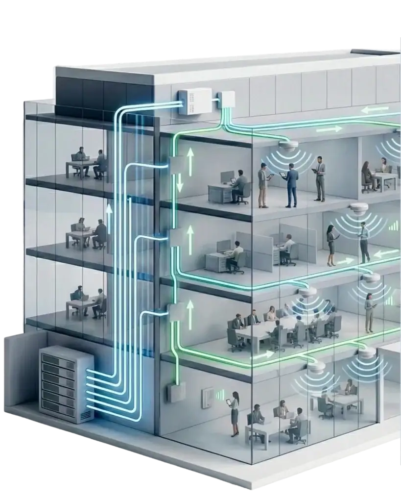 A cutaway view of a modern office building shows air ducts and arrows illustrating airflow between an HVAC unit and multiple floors with people working at desks and meeting areas.