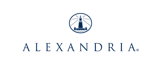 A navy blue lighthouse in a circle above the word "ALEXANDRIA" in uppercase serif letters, all on a light gray background.