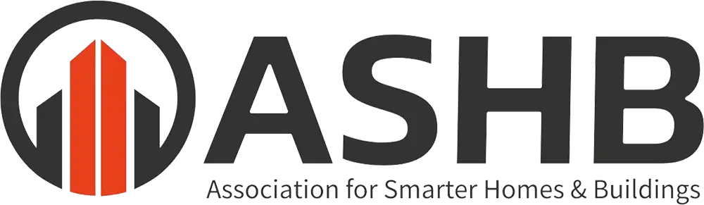 ASHB logo featuring three red building shapes inside a black circle on the left, with “ASHB” in bold black letters and “Association for Smarter Homes & Buildings” below.