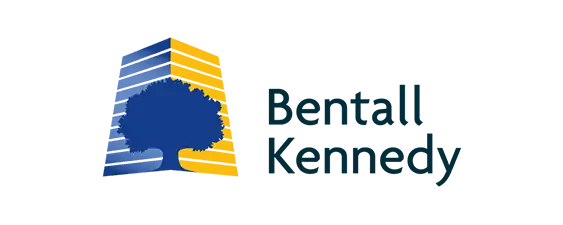 Logo with a stylized blue tree in front of a yellow and blue building, next to the words "Bentall Kennedy" in dark blue text on a light background.