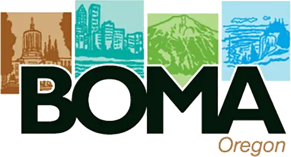 BOMA Oregon logo with illustrations of the state capitol, city buildings, a mountain, and a waterfall above the text "BOMA Oregon" in bold letters.