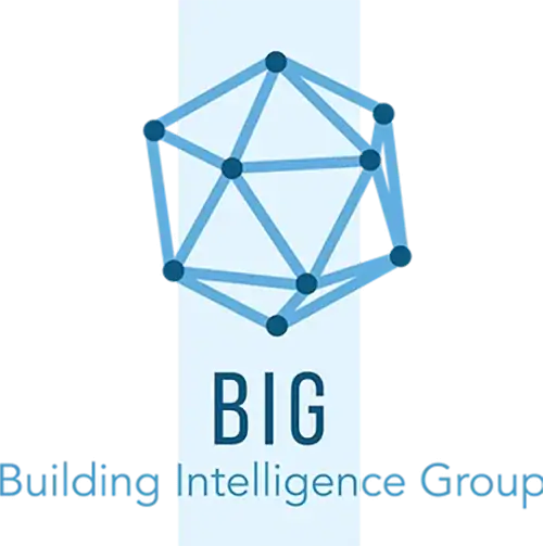 A blue geometric shape made of connected dots appears above the text "BIG Building Intelligence Group" on a light background with a vertical blue stripe.