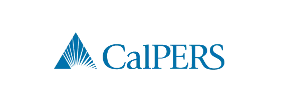 CalPERS logo with a blue triangular design on the left and the word "CalPERS" in blue text to the right on a light gray background.