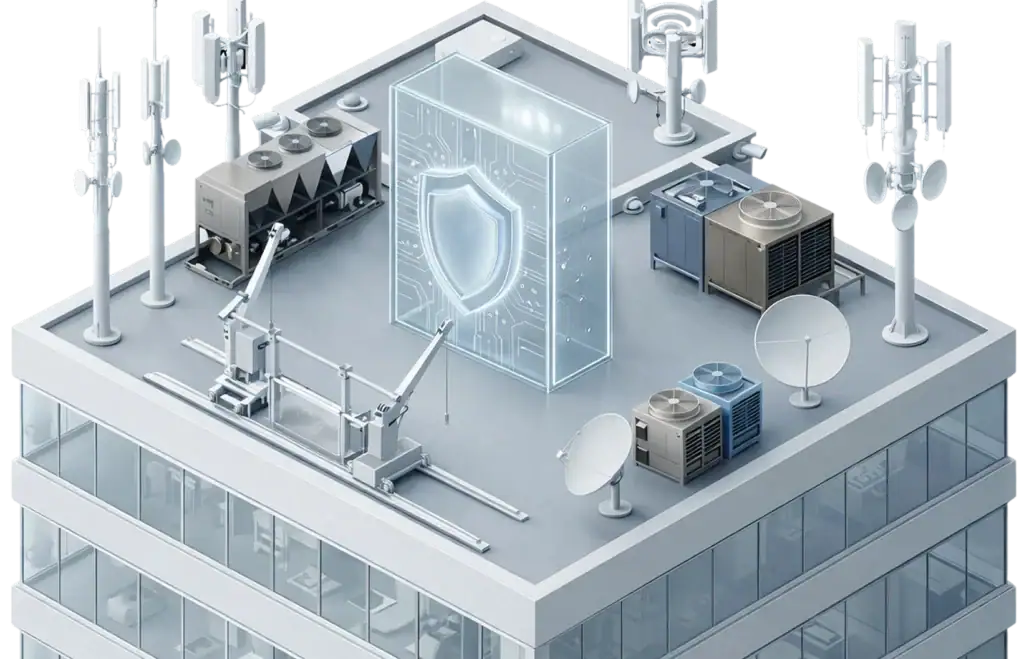A rooftop with antennas, satellite dishes, HVAC units, and a large digital shield icon symbolizing cybersecurity protecting communication equipment.
