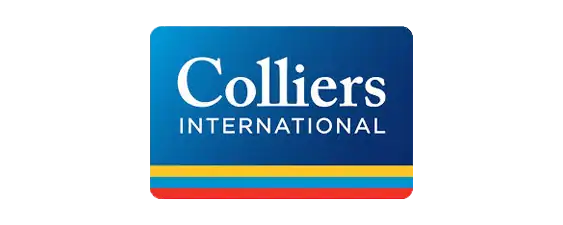 Colliers International logo on a blue background with yellow, light blue, and red stripes at the bottom.