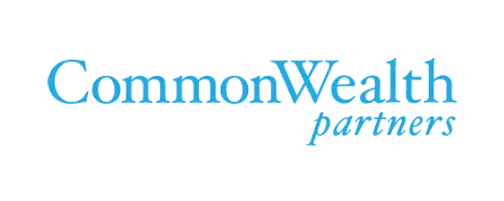 The image shows the text "CommonWealth partners" in blue, with "CommonWealth" in a larger font and "partners" in a smaller, italicized font beneath it. The background is light gray.