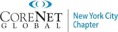 CoreNet Global New York City Chapter logo with blue elliptical design above "CoreNet Global" text and "New York City Chapter" in blue to the right, separated by a vertical gray line.