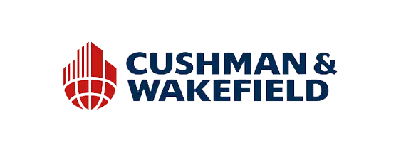 Cushman & Wakefield logo with a red abstract building design on the left and the company name in bold blue letters on the right.