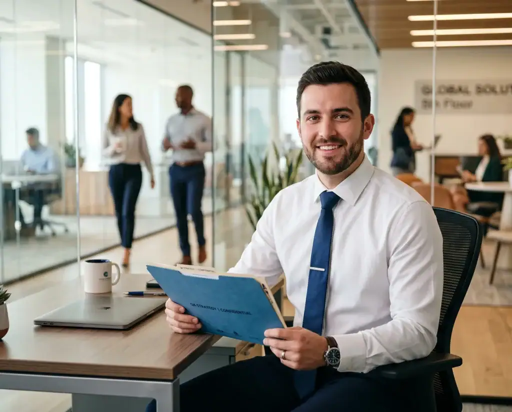 A man in business attire sits at a desk holding a blue folder and smiling. Behind him, people walk and work in a modern glass-walled office space.