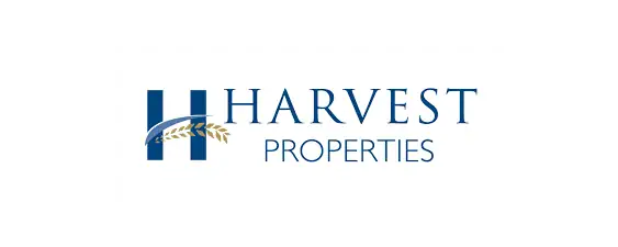 Harvest Properties logo with a blue "H" featuring a wheat graphic across it, and the words "HARVEST PROPERTIES" in blue capital letters to the right.