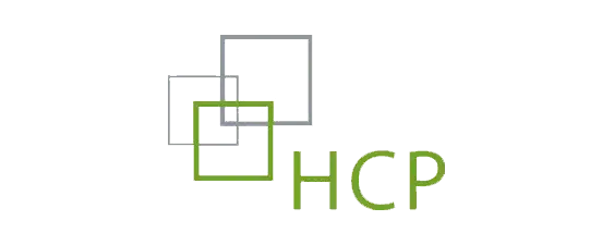 Three overlapping squares in gray and green, with the green square in front. The green letters "HCP" appear to the right of the squares on a light gray background.