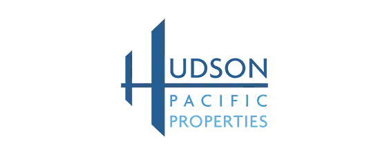 Blue logo of Hudson Pacific Properties with a stylized "H" and the words "HUDSON PACIFIC PROPERTIES" stacked and aligned to the right of the "H" on a light background.