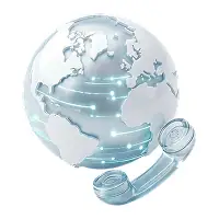 A semi-transparent globe with glowing connection lines across continents, accompanied by a translucent telephone handset at the base, symbolizing global communication.