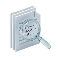 A magnifying glass is placed over a stack of papers with lines and squiggles, symbolizing document review or searching through files.