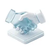 3D illustration of two hands shaking, one hand is solid white and the other is translucent blue, both resting on a white square base.
