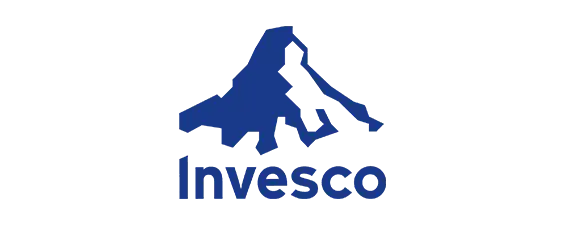 Blue mountain graphic above the word "Invesco" in blue text, all on a light background.