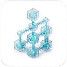 A translucent, blue geometric structure made of interconnected cubes and rods, forming a 3D lattice pattern, set against a white background with rounded corners.