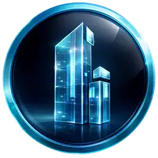 A blue circular icon with two glowing, transparent skyscrapers of different heights on a dark background, symbolizing modern buildings or cityscape.